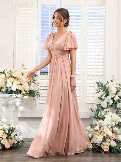 A-Line V-Neck Short Sleeves Split Side Floor-Length Chiffon Bridesmaid Dresses