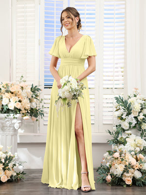 A-Line V-Neck Short Sleeves Split Side Floor-Length Chiffon Bridesmaid Dresses