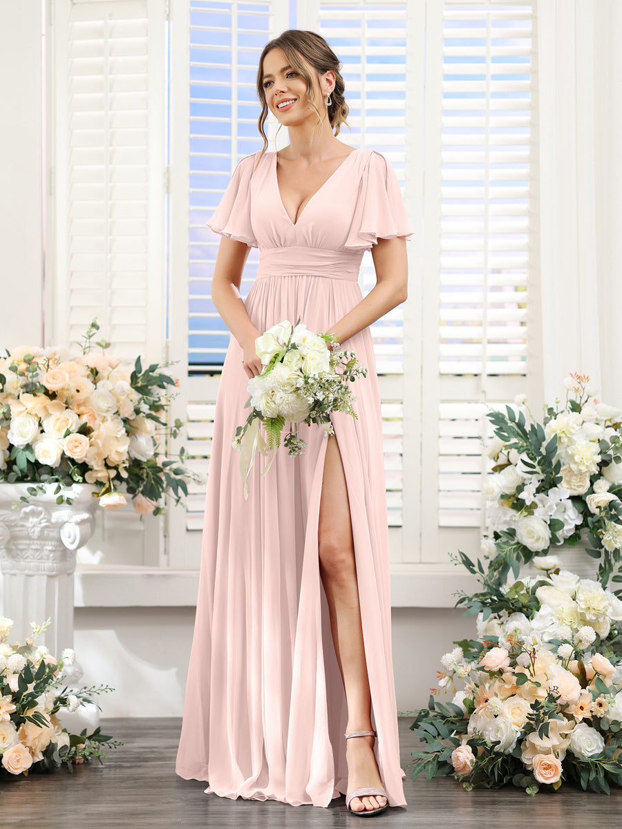 A-Line V-Neck Short Sleeves Split Side Floor-Length Chiffon Bridesmaid Dresses