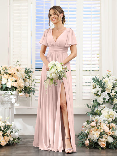 A-Line V-Neck Short Sleeves Split Side Floor-Length Chiffon Bridesmaid Dresses