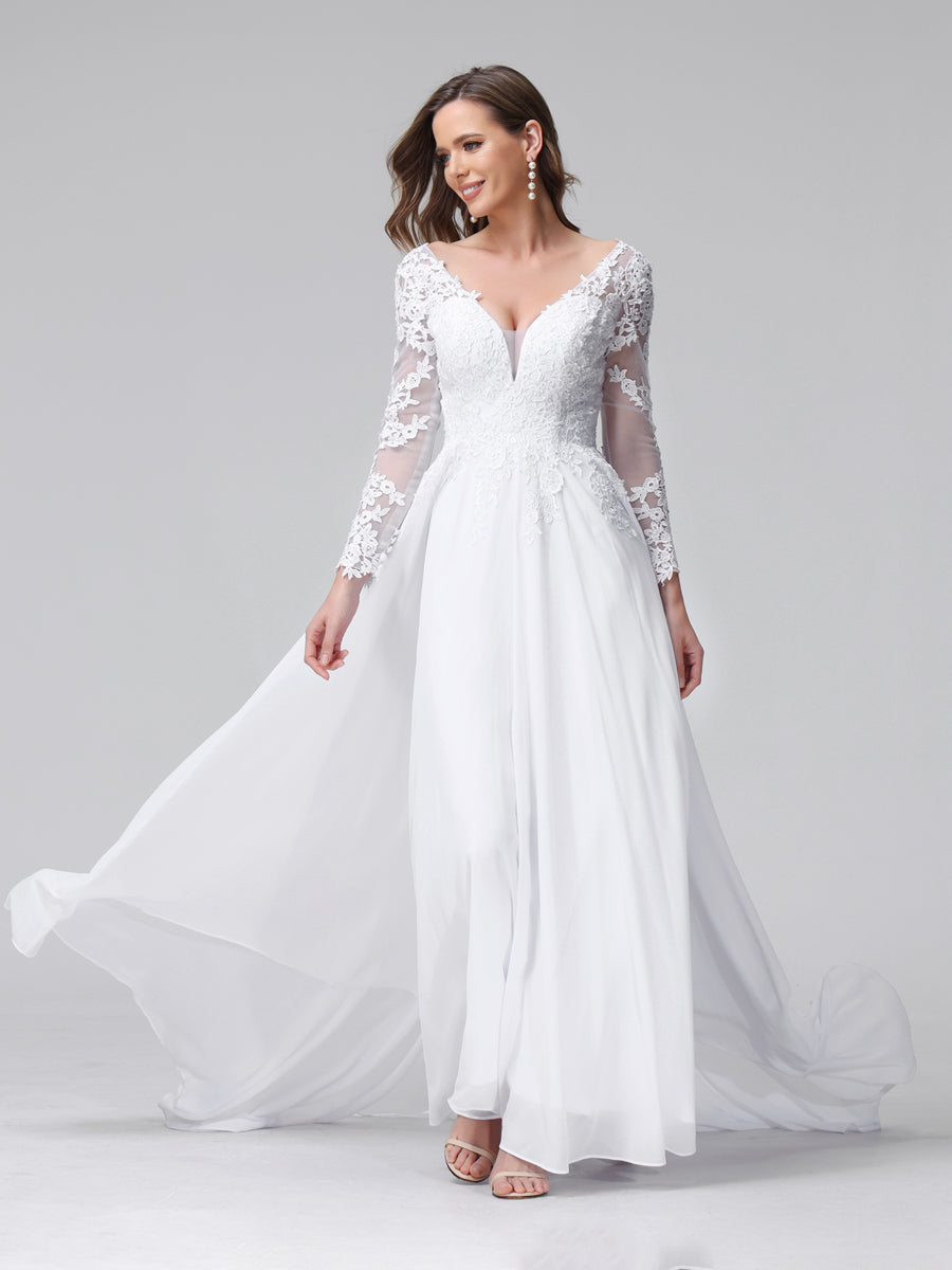 A-Line V-Neck Long Sleeves Long Chiffon Wedding Dresses with Lace Applique