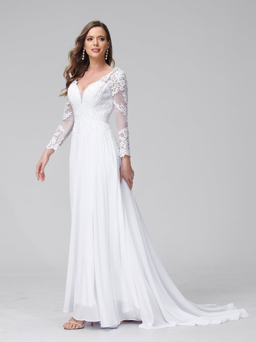 A-Line V-Neck Long Sleeves Long Chiffon Wedding Dresses with Lace Applique