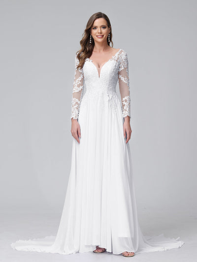 A-Line V-Neck Long Sleeves Long Chiffon Wedding Dresses with Lace Applique