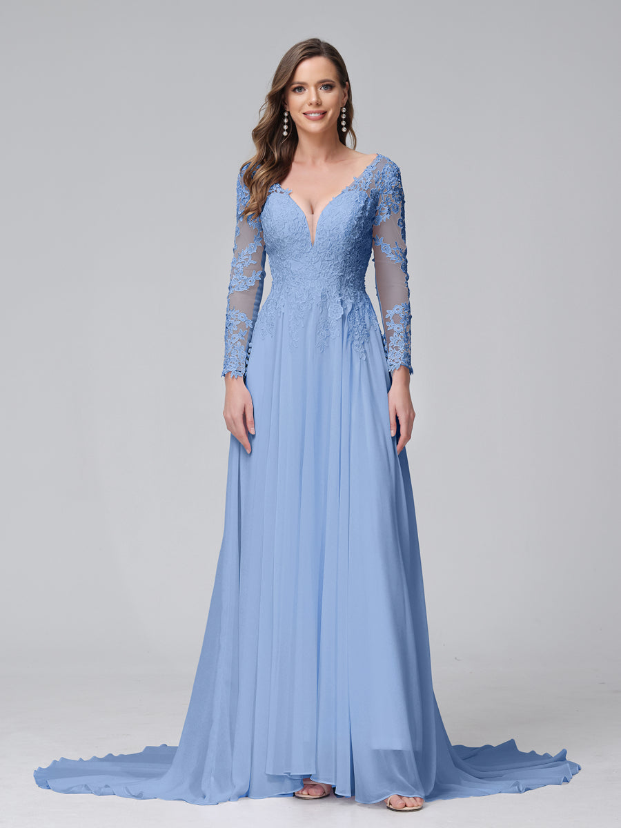 A-Line V-Neck Long Sleeves Long Chiffon Wedding Dresses with Lace Applique