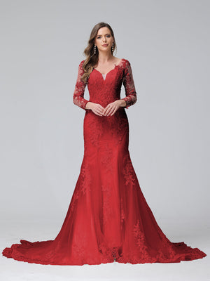 Trumpet/Mermaid V-Neck Long Sleeves Lace Wedding Dresses