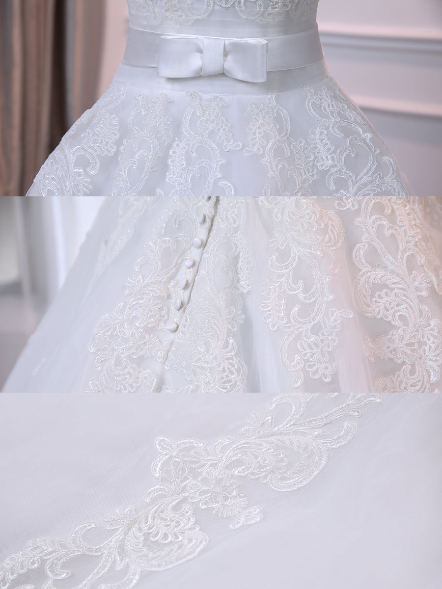 V-Neck Sleeveless Tulle Ball Gown Wedding Dresses with Belt &amp; Appliques