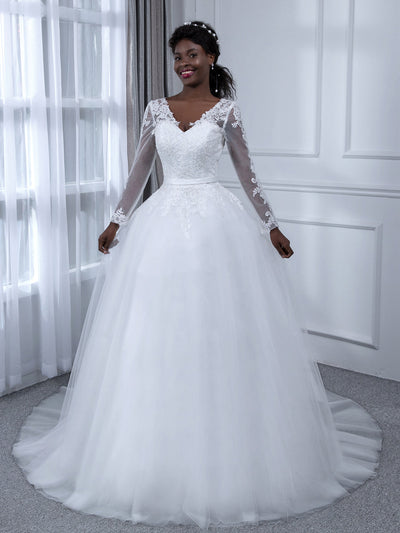 V-Neck Long Sleeves Tulle Ball Gown Wedding Dresses with Appliques