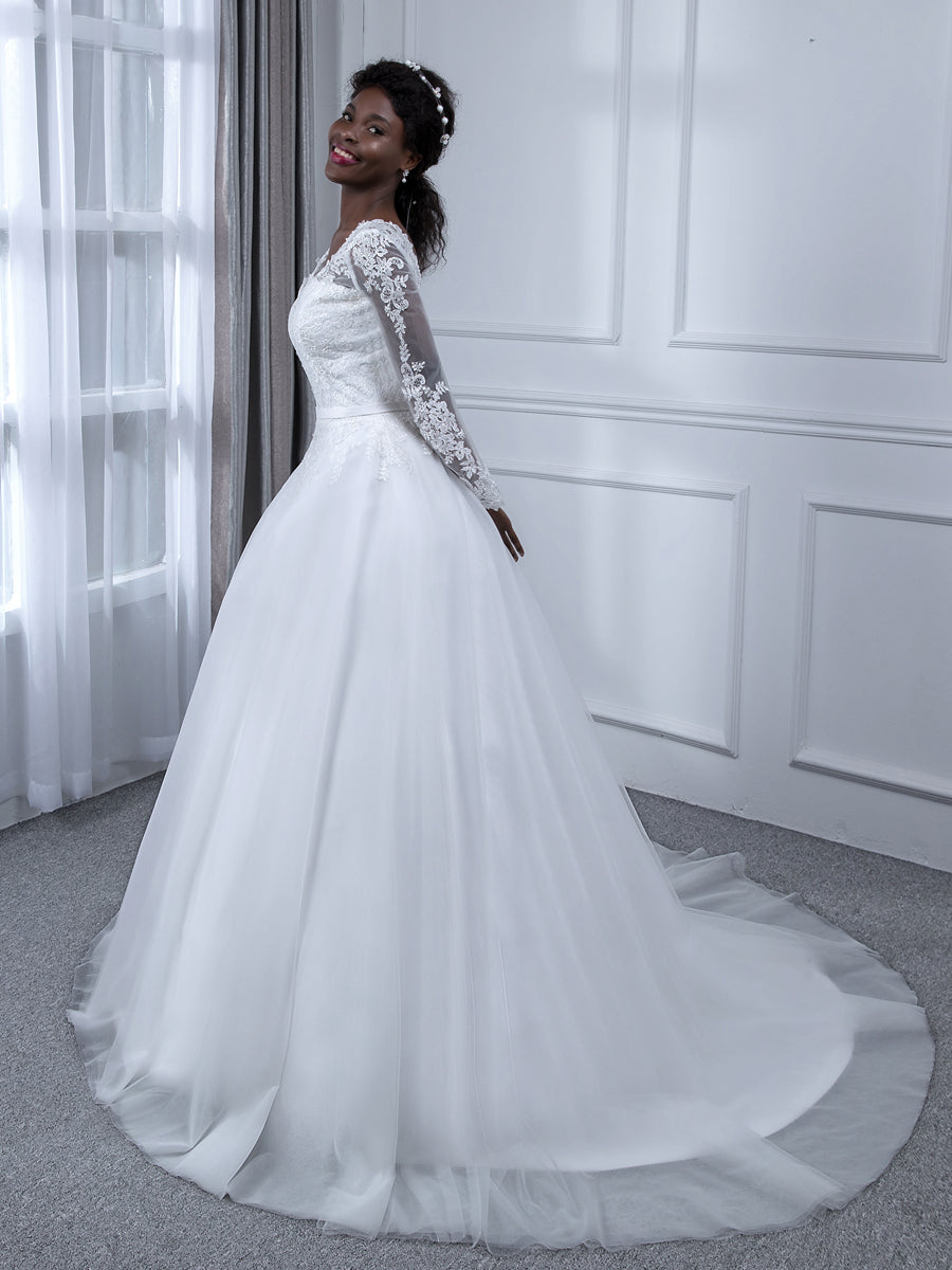 V-Neck Long Sleeves Tulle Ball Gown Wedding Dresses with Appliques