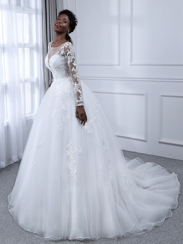 Sheer Neck Tulle Ball Gown Wedding Dresses with Long Sleeves &amp; Appliques