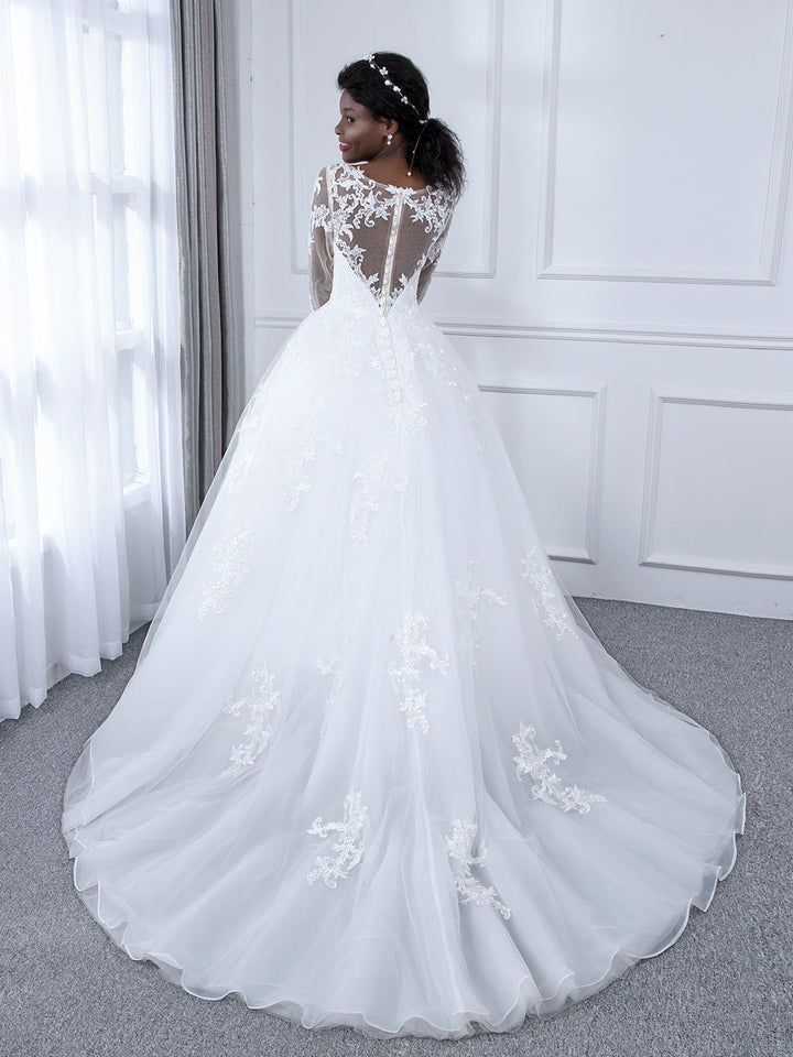 Sheer Neck Tulle Ball Gown Wedding Dresses with Long Sleeves &amp; Appliques