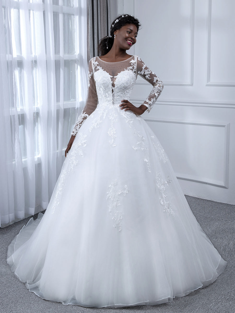 Sheer Neck Tulle Ball Gown Wedding Dresses with Long Sleeves &amp; Appliques