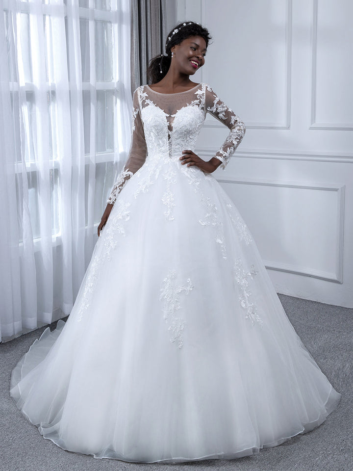 Sheer Neck Tulle Ball Gown Wedding Dresses with Long Sleeves &amp; Appliques