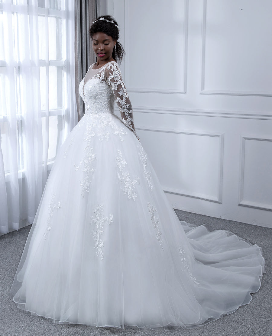 Sheer Neck Tulle Ball Gown Wedding Dresses with Long Sleeves &amp; Appliques