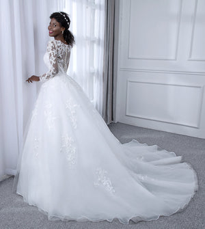Sheer Neck Tulle Ball Gown Wedding Dresses with Long Sleeves & Appliques