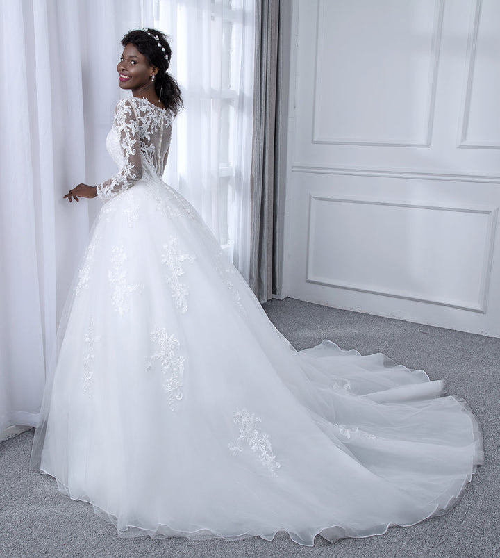 Sheer Neck Tulle Ball Gown Wedding Dresses with Long Sleeves &amp; Appliques
