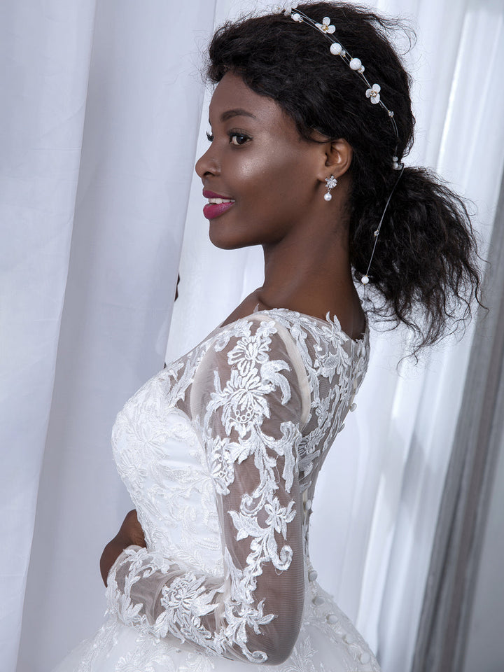 Sheer Neck Tulle Ball Gown Wedding Dresses with Long Sleeves &amp; Appliques