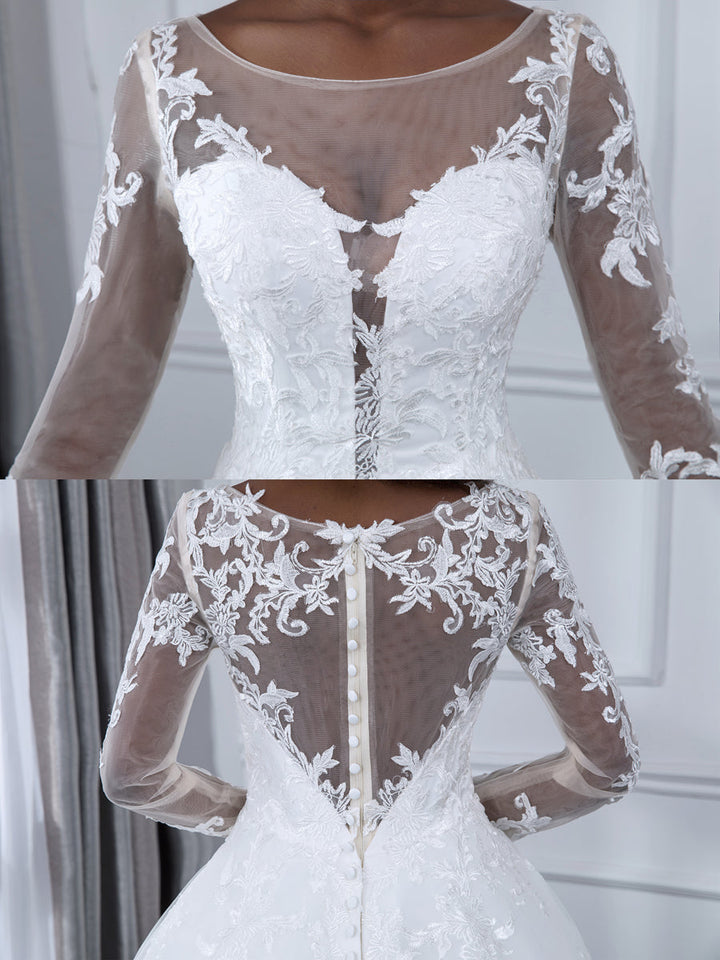Sheer Neck Tulle Ball Gown Wedding Dresses with Long Sleeves &amp; Appliques