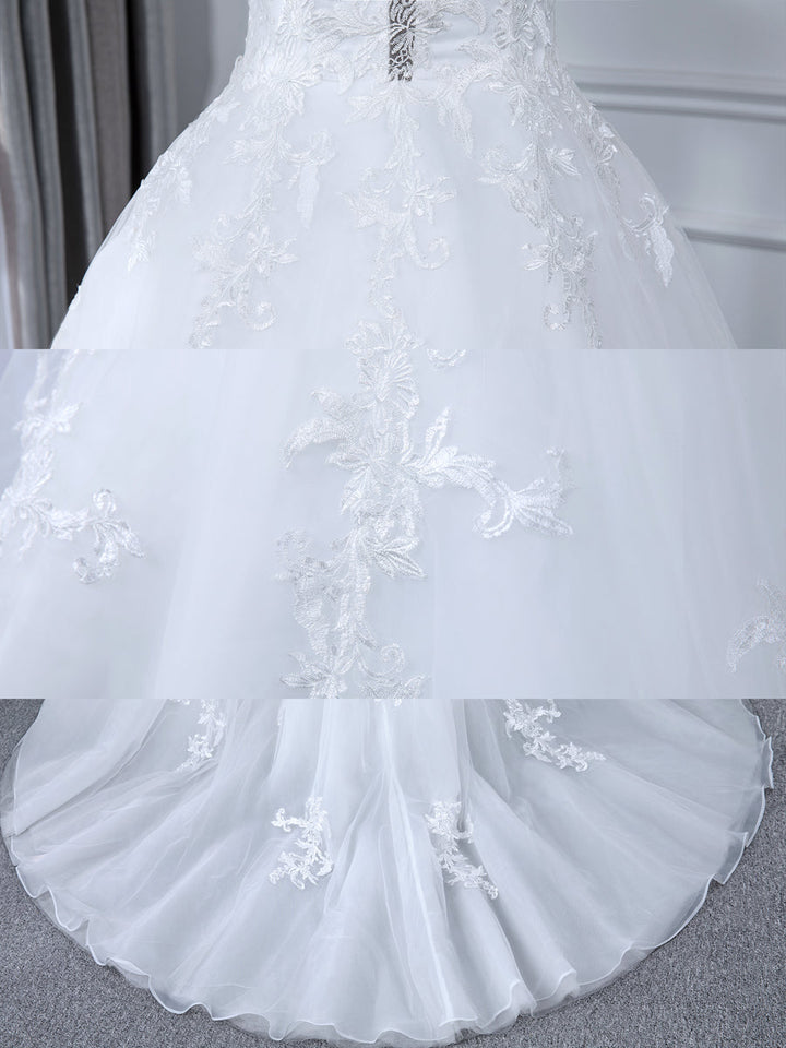 Sheer Neck Tulle Ball Gown Wedding Dresses with Long Sleeves &amp; Appliques