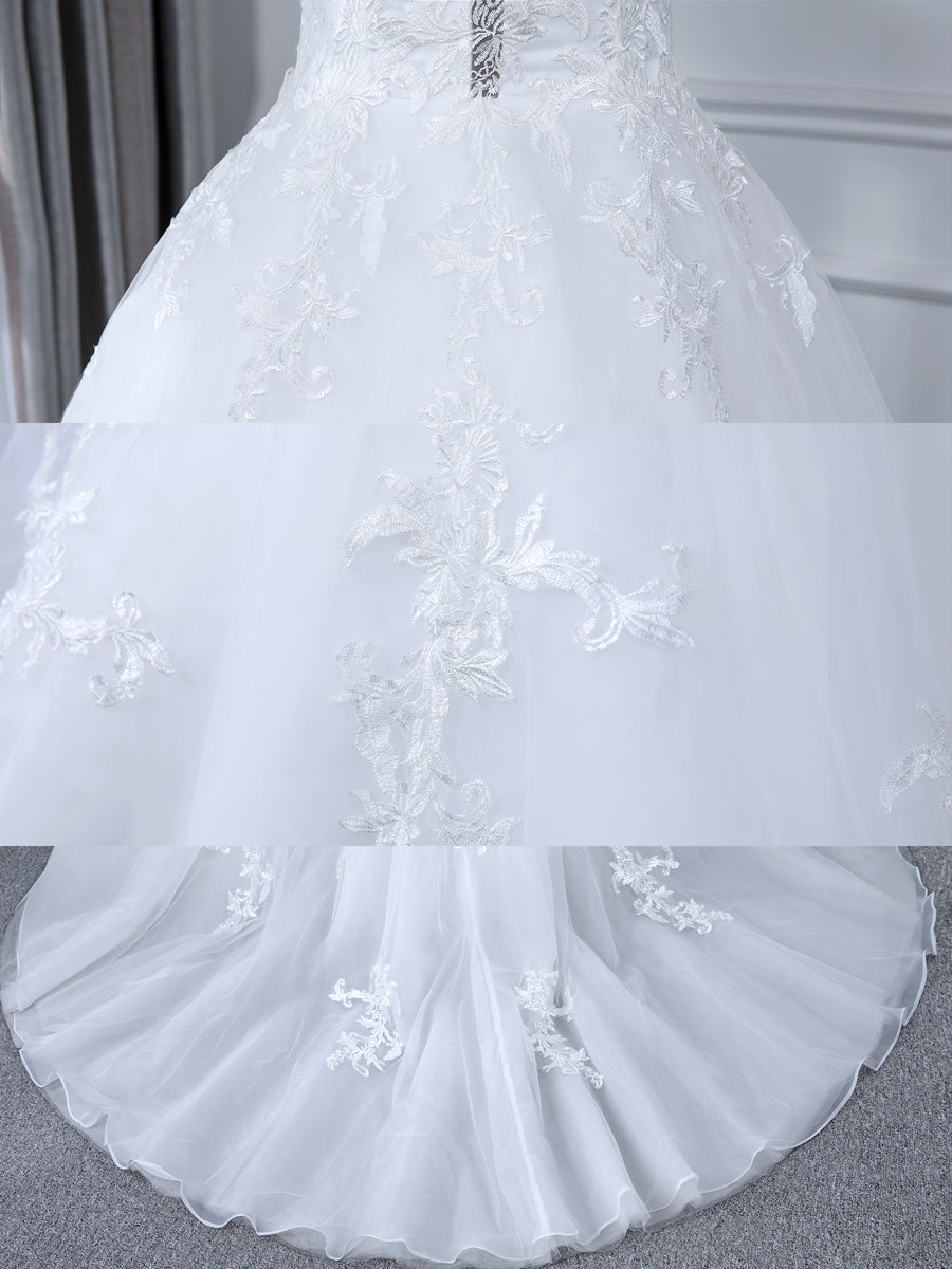 Sheer Neck Tulle Ball Gown Wedding Dresses with Long Sleeves & Appliques