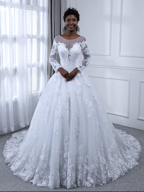 Appliques Wedding Dresses White Ball Gown A-Line Scoop Neck Long Sleeves Floor-Length Tiered Tulle Wedding Bridal Ball Gowns Appliques Wedding Dresses White Ball Gown A-Line Scoop Neck Long Sleeves Floor-Length Tiered Tulle Wedding Bridal Ball Gowns