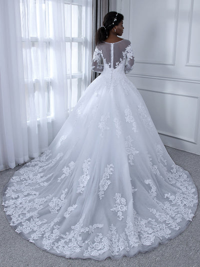 Sheer Neck Long Sleeves Tulle Ball Gown Wedding Dresses with Beading Appliques