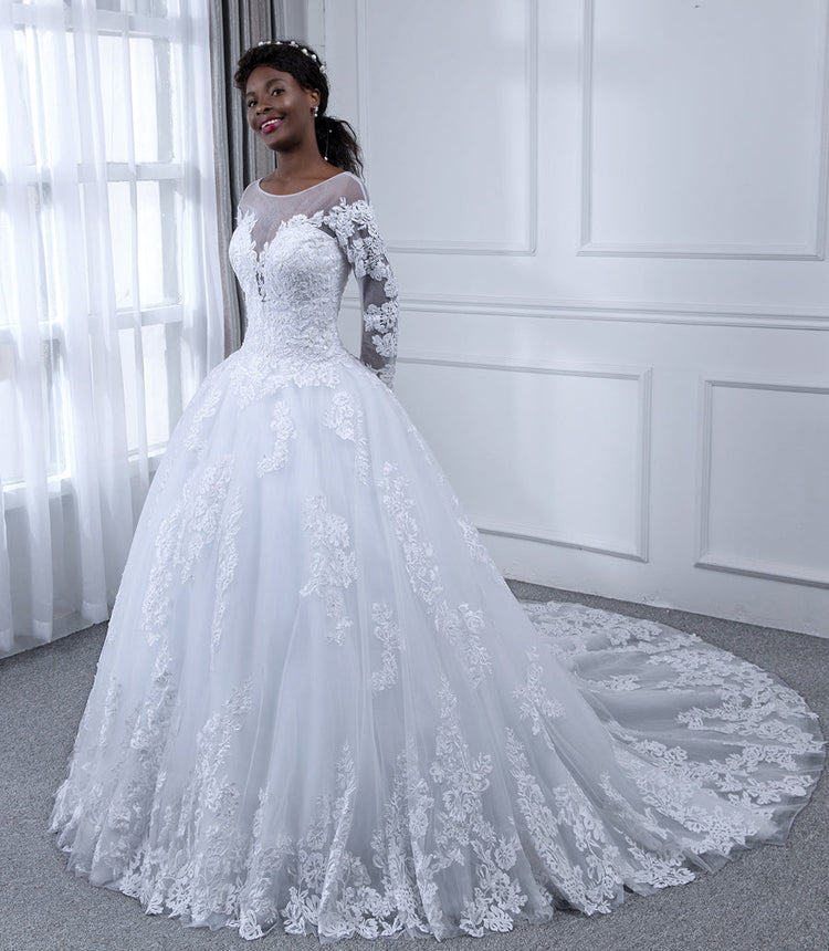 Sheer Neck Long Sleeves Tulle Ball Gown Wedding Dresses with Beading A Lavetir