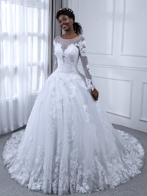 long sleeve tulle ball gown wedding dress Fairy Illusion Tulle Lace Embellished Long Sleeve Ball Gown Wedding Hijab 42