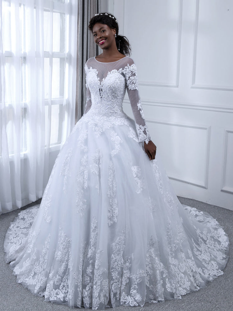 Sheer lace and tulle on sale ball gown wedding dress