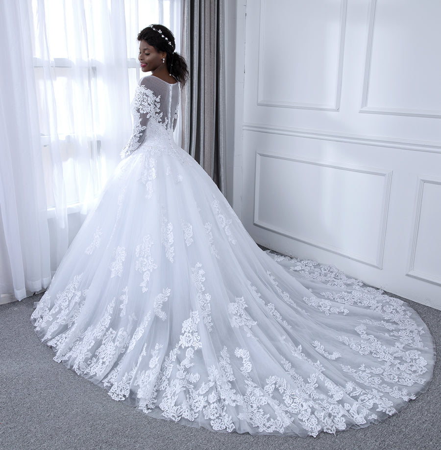 Sheer Neck Long Sleeves Tulle Ball Gown Wedding Dresses with Beading Appliques