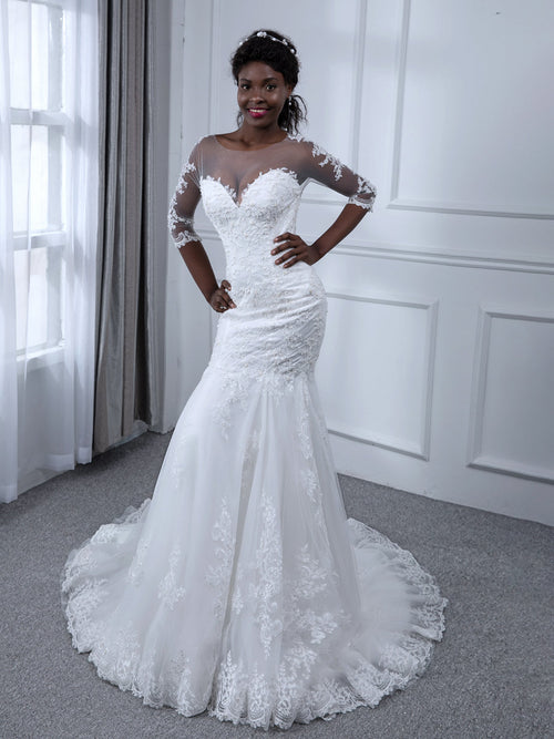 lace mermaid wedding dress with 3/4 sleeves Sheath Maxi V-Neck 3-4-Sleeve Lace Summer Wedding Dress Destination With Appliques And Backless Design