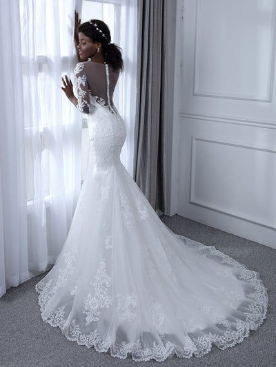 Sheer Neck 3/4 Sleeves Tulle Mermaid Wedding Dresses with Beading Appliques
