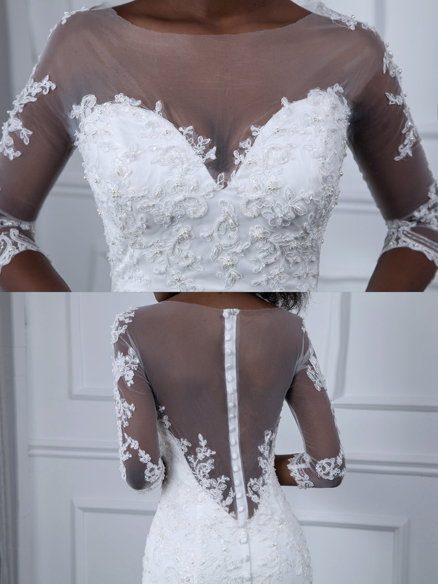 Sheer Neck 3/4 Sleeves Tulle Mermaid Wedding Dresses with Beading Appliques
