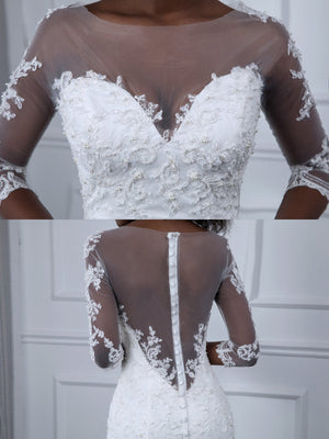 Sheer Neck 3/4 Sleeves Tulle Mermaid Wedding Dresses with Beading Appliques