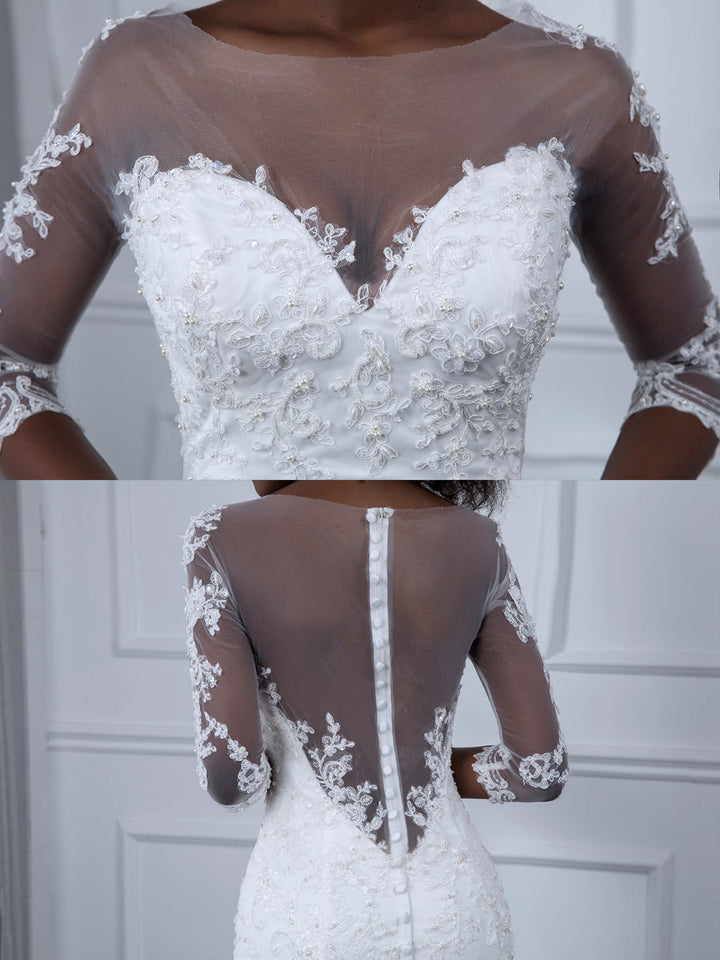 Sheer Neck 3/4 Sleeves Tulle Mermaid Wedding Dresses with Beading Appliques