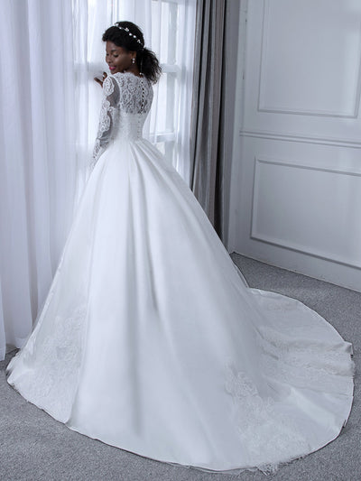 V-Neck Long Sleeves Lace Ball Gown Wedding Dresses with Appliques