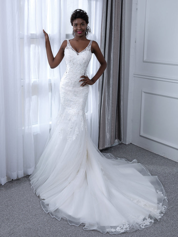V-Neck Sleeveless Tulle Mermaid Wedding Dresses with Beading Appliques &amp; Sequins
