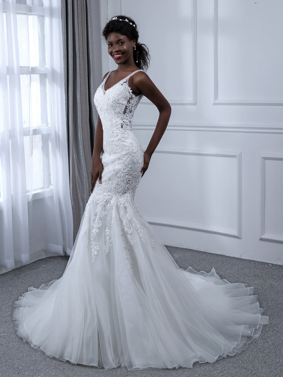 V-Neck Sleeveless Tulle Mermaid Wedding Dresses with Beading Appliques &amp; Sequins