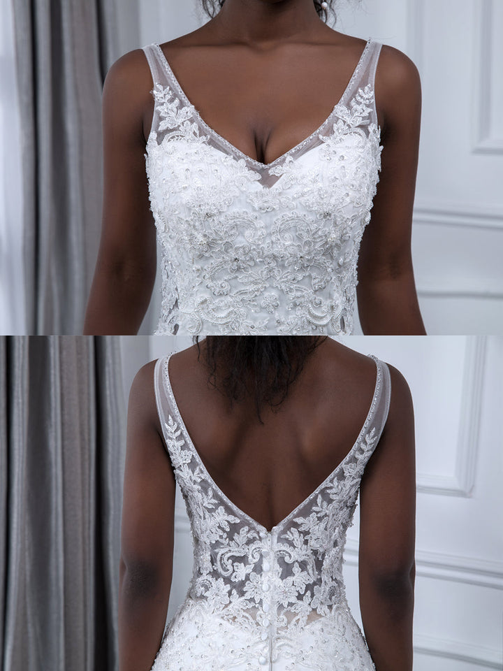 V-Neck Sleeveless Tulle Mermaid Wedding Dresses with Beading Appliques &amp; Sequins