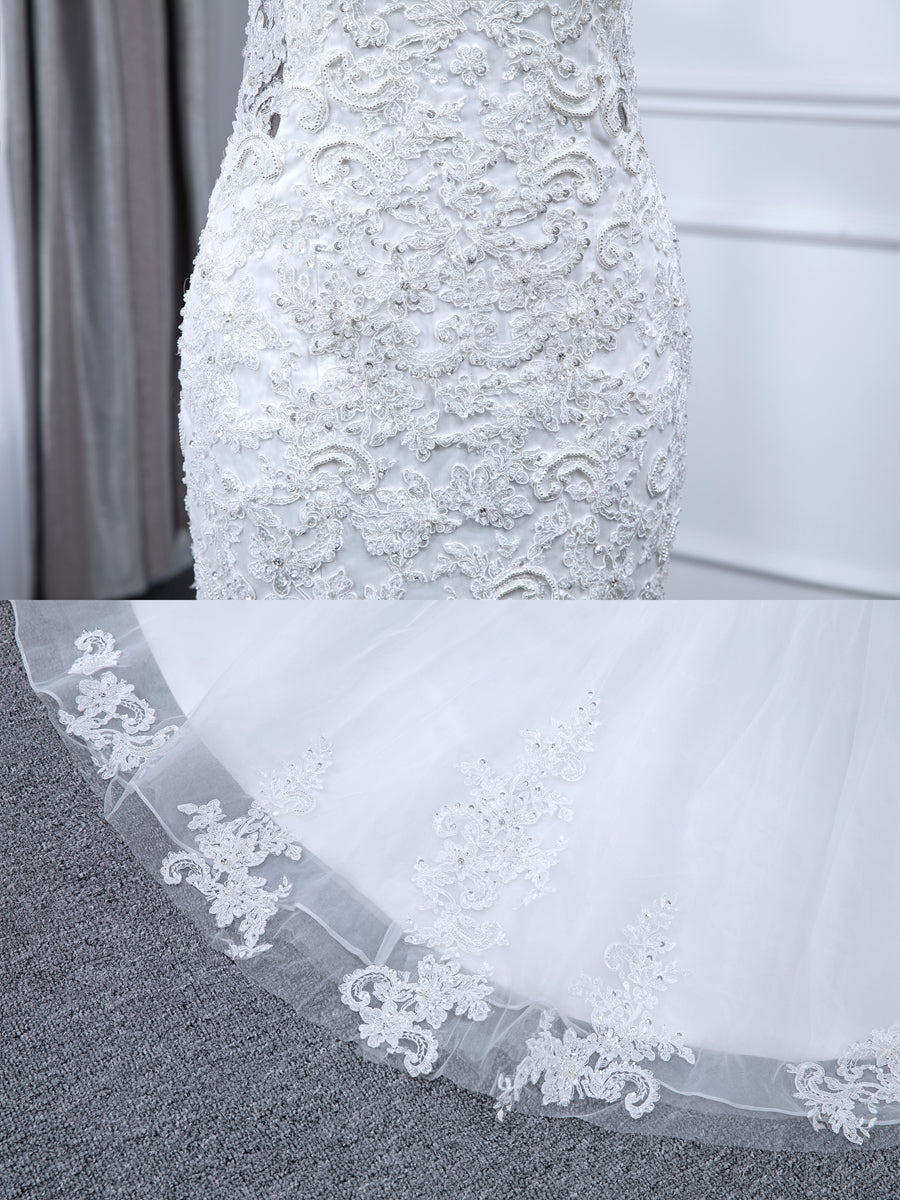 V-Neck Sleeveless Tulle Mermaid Wedding Dresses with Beading Appliques &amp; Sequins