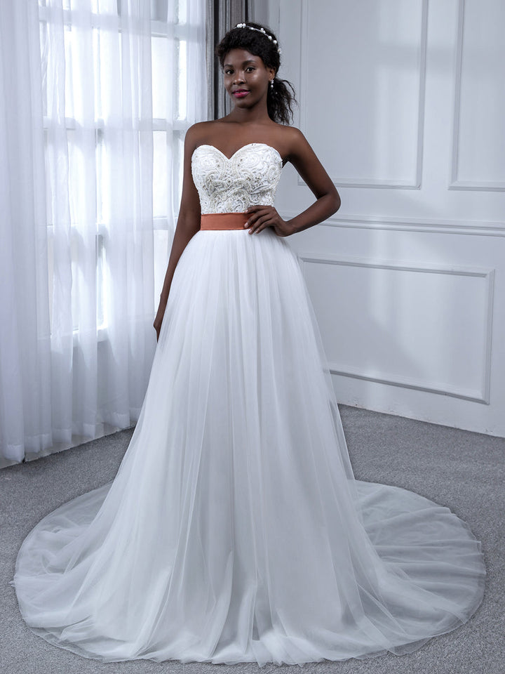 A-Line Strapless Sleeveless Tulle Wedding Dresses with Beading Rhinestones