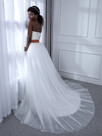 A-Line Strapless Sleeveless Tulle Wedding Dresses with Beading Rhinestones