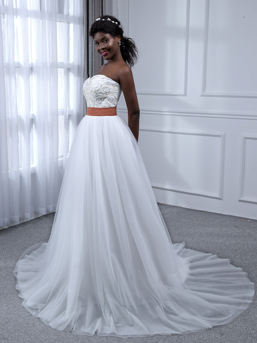 A-Line Strapless Sleeveless Tulle Wedding Dresses with Beading Rhinestones
