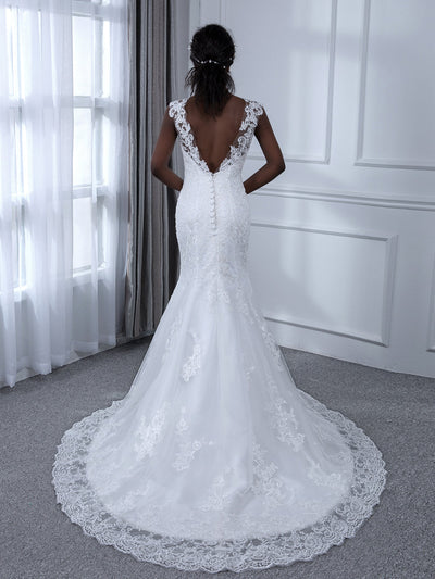 Sheer Neck Sleeveless Tulle Mermaid Wedding Dresses with Appliques