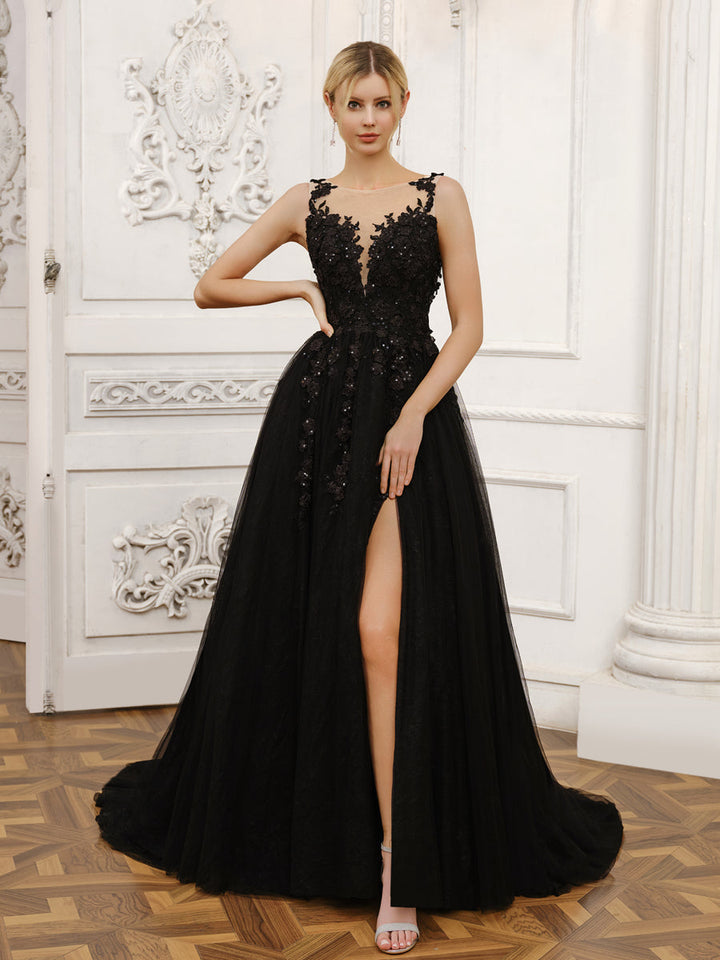 Sleeveless Tulle Wedding Dresses with Split Side &amp; Appliques