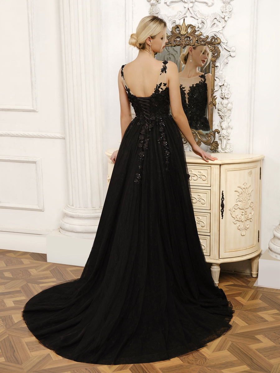 Sleeveless Tulle Wedding Dresses with Split Side &amp; Appliques