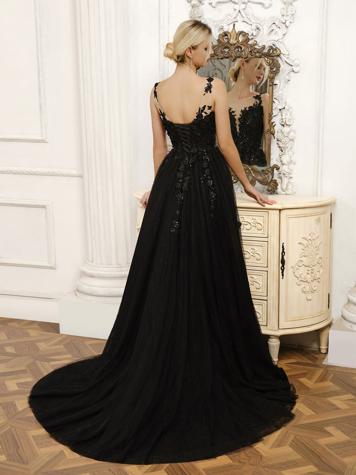 Sleeveless Tulle Wedding Dresses with Split Side &amp; Appliques