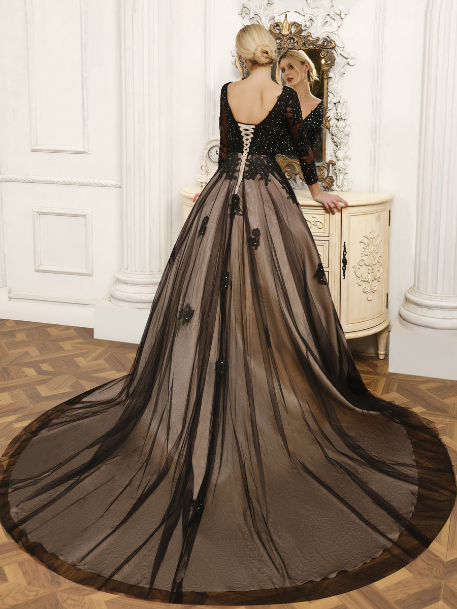 V-Neck Tulle Ball Gown Wedding Dresses with Beading &amp; Appliques