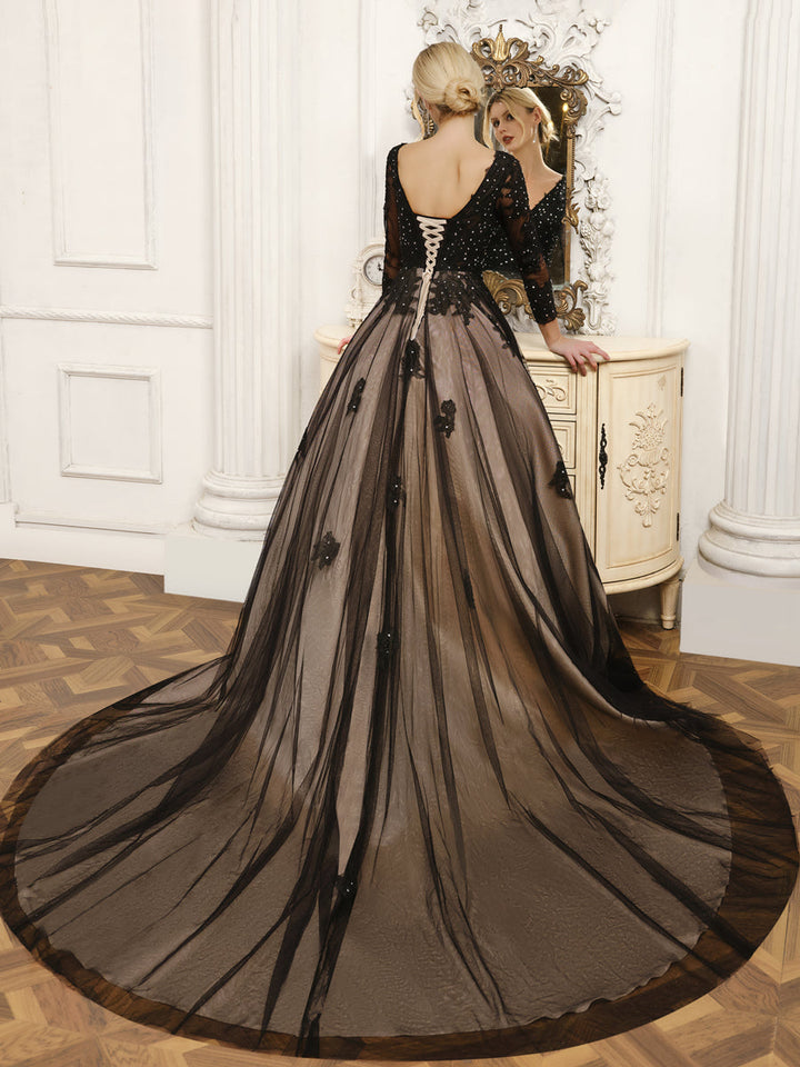 V-Neck Tulle Ball Gown Wedding Dresses with Beading &amp; Appliques