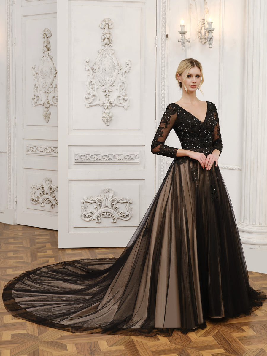 V-Neck Tulle Ball Gown Wedding Dresses with Beading &amp; Appliques