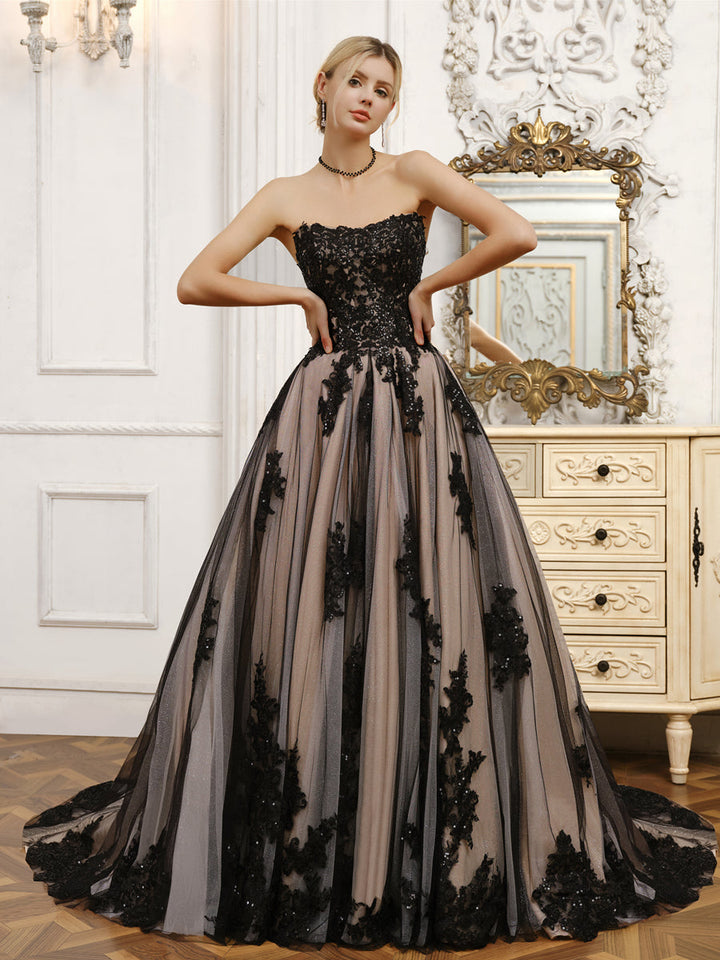 Strapless Tulle Ball Gown Wedding Dresses with Beading &amp; Appliques